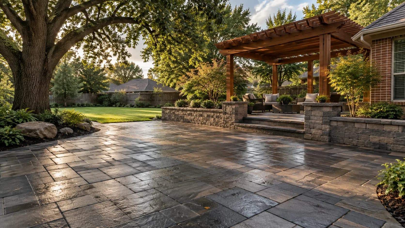 A damp paver patio, low stone wall and cedar pergola in an oak-shaded backyard.