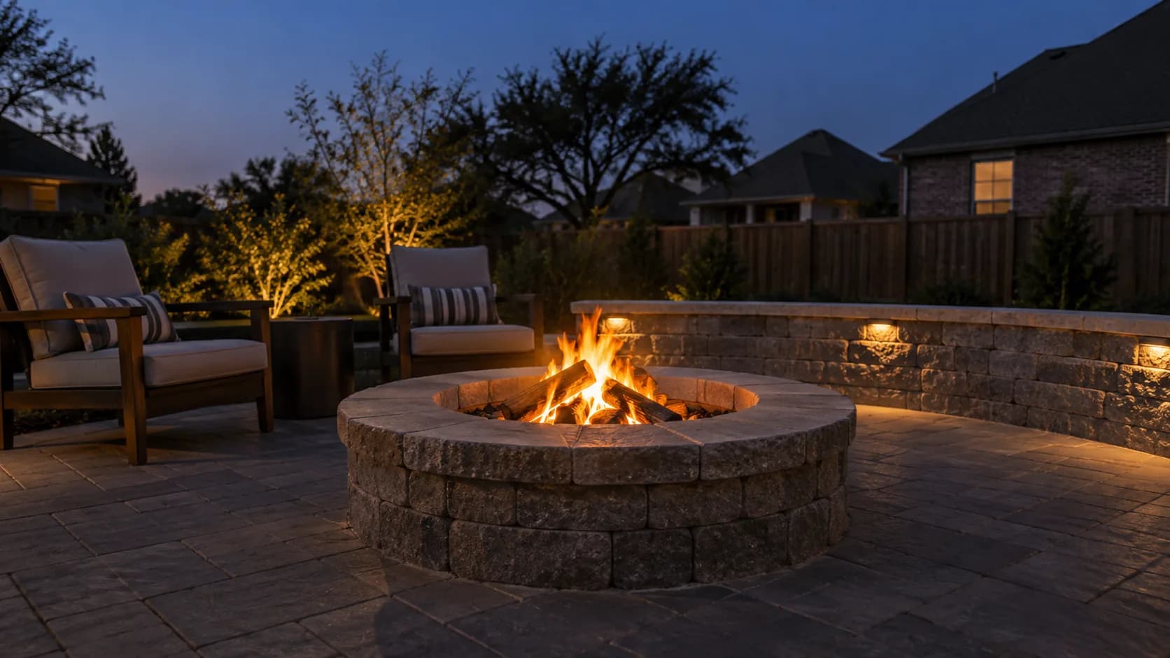 A masonry fire pit and outdoor seating at blue hour.
