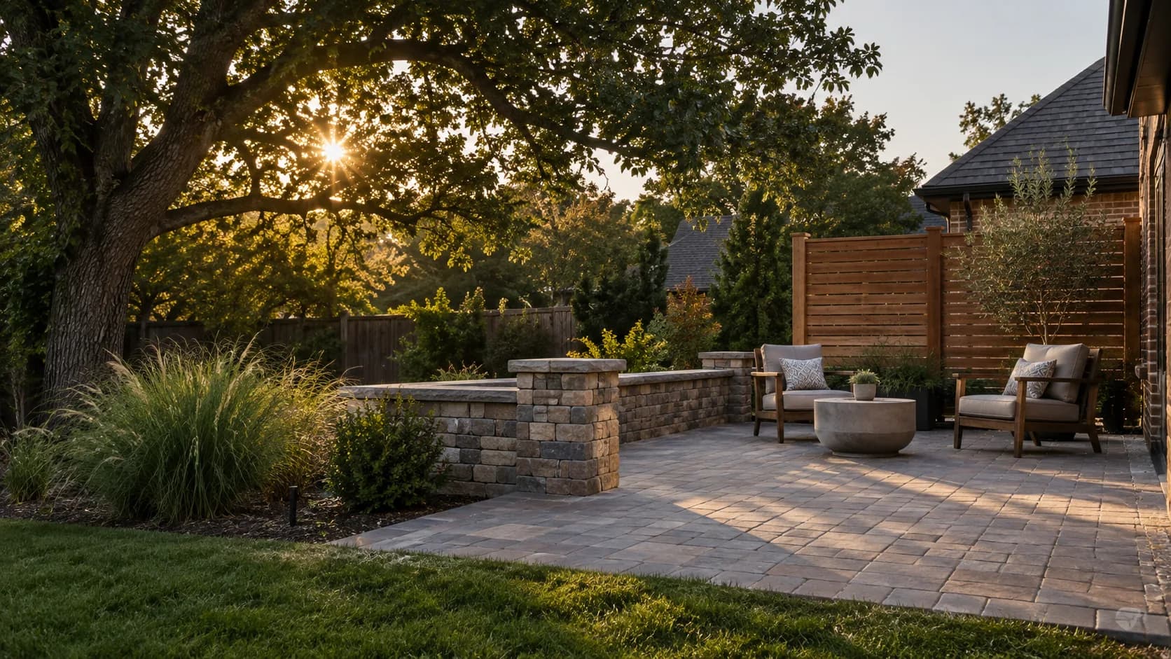 A usable stone terrace under an oak at late afternoon.